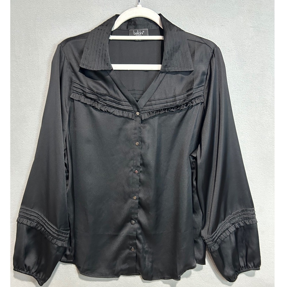 Womens Black Satin Blouse Size XL Ruffle Pleated Button Front Long Sleeve